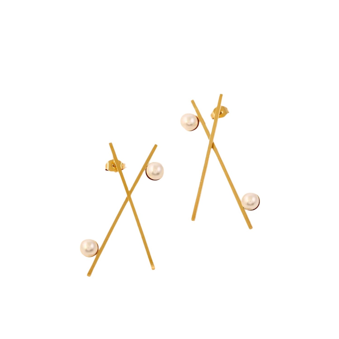 Golden Cross Line Pearl Earrings