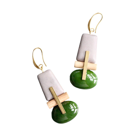 Hunter Green Glass and Gray Earrings