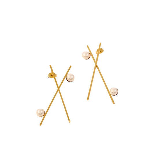 Golden Cross Line Pearl Earrings