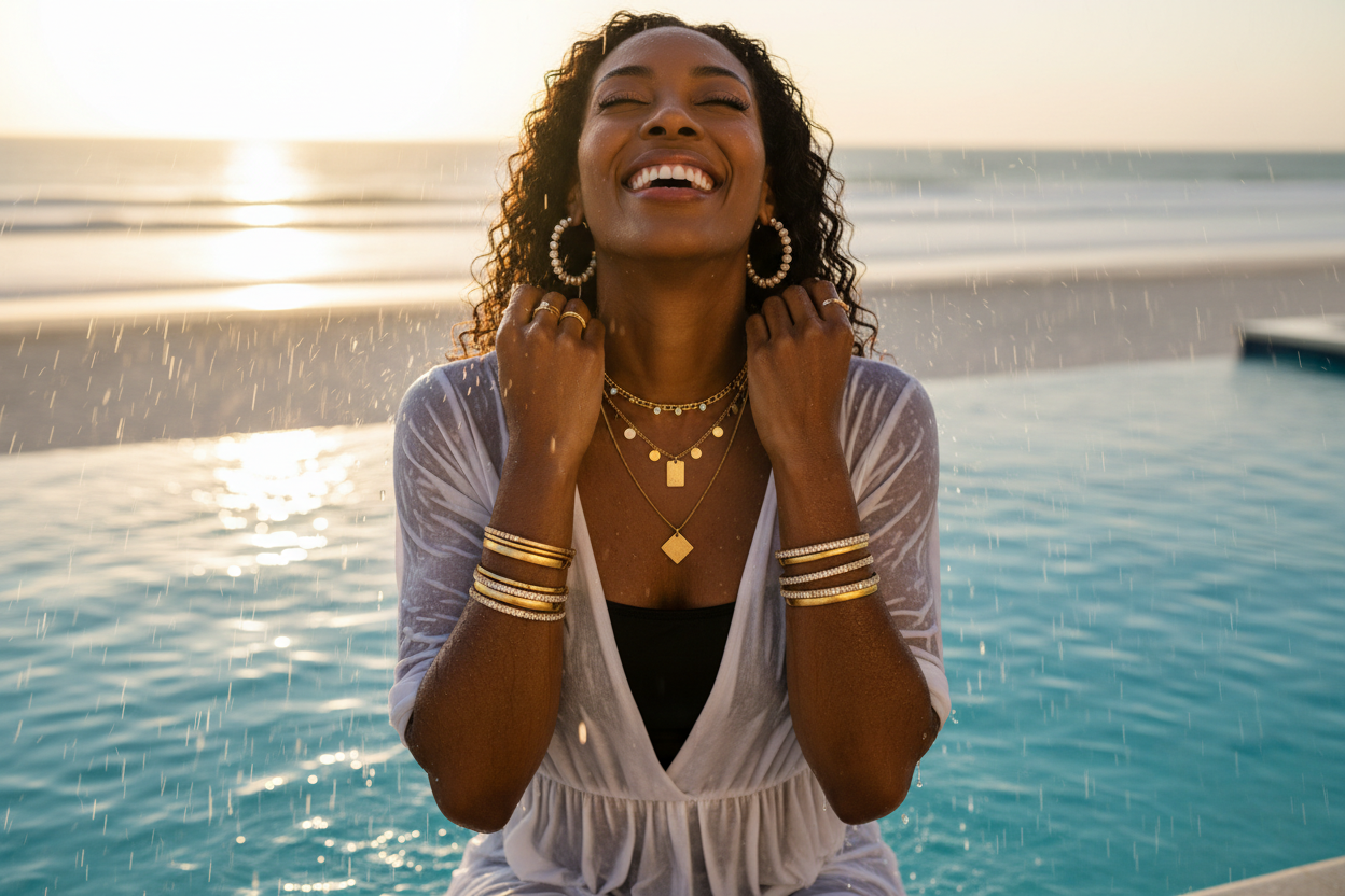 Black woman wearing waterproof jewelry