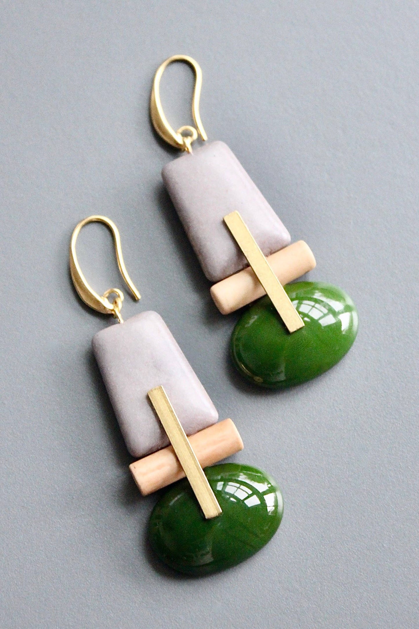 Hunter Green Glass and Gray Earrings