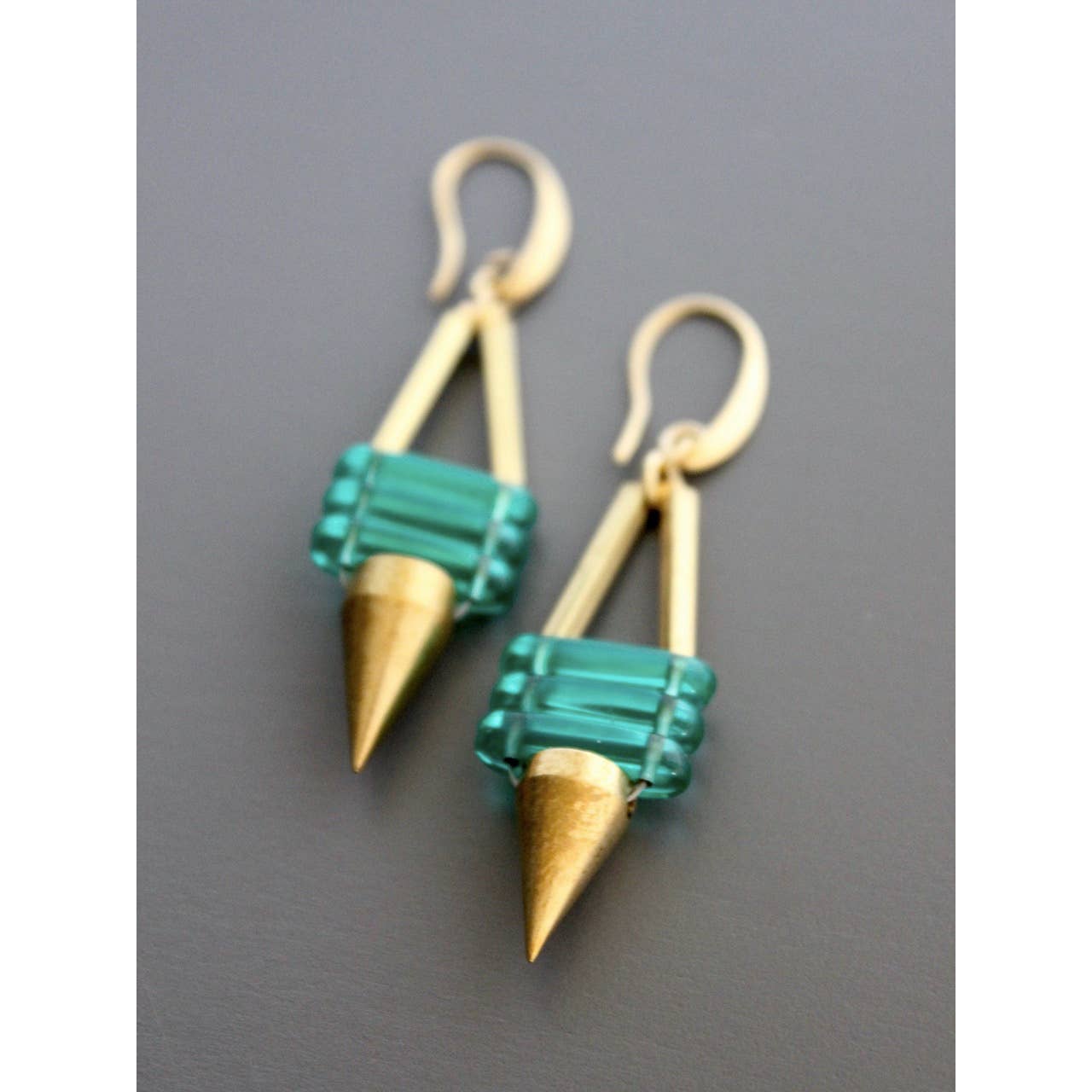 Green Glass and Brass Spike Earrings